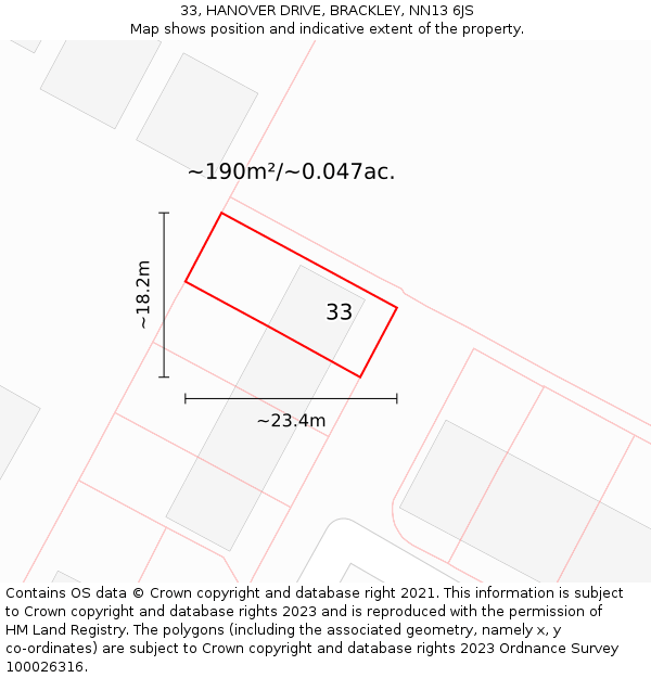 33, HANOVER DRIVE, BRACKLEY, NN13 6JS: Plot and title map