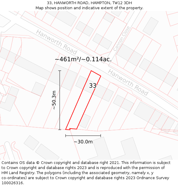 33, HANWORTH ROAD, HAMPTON, TW12 3DH: Plot and title map