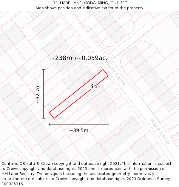 33, HARE LANE, GODALMING, GU7 3EE: Plot and title map