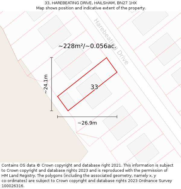 33, HAREBEATING DRIVE, HAILSHAM, BN27 1HX: Plot and title map