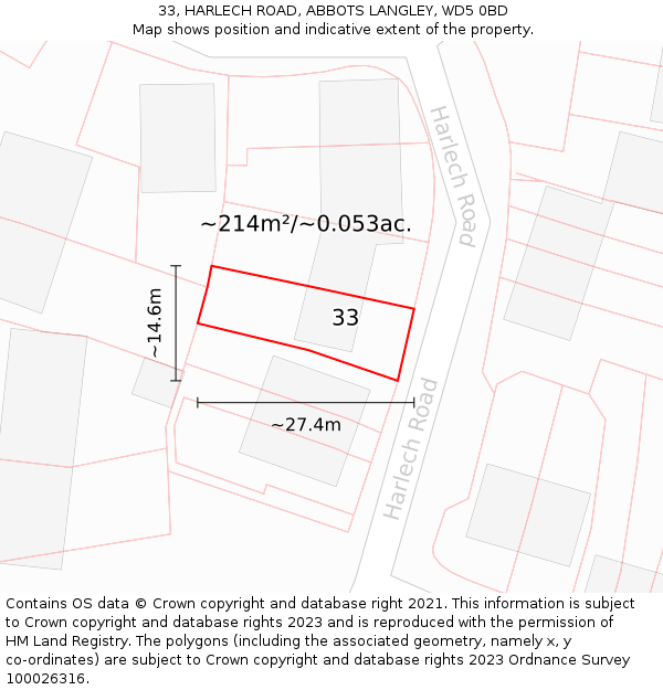33, HARLECH ROAD, ABBOTS LANGLEY, WD5 0BD: Plot and title map