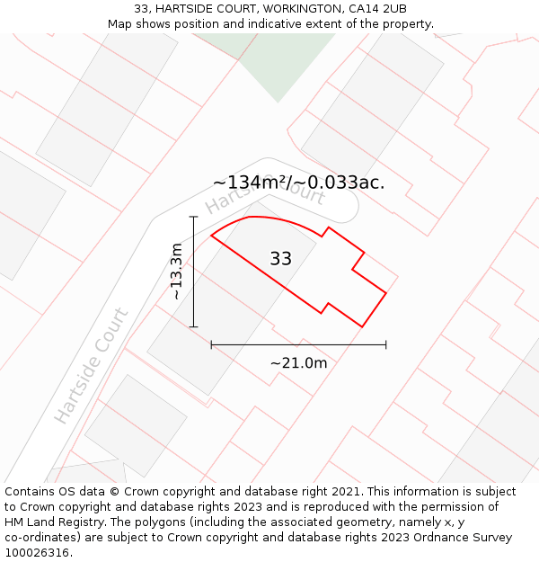 33, HARTSIDE COURT, WORKINGTON, CA14 2UB: Plot and title map