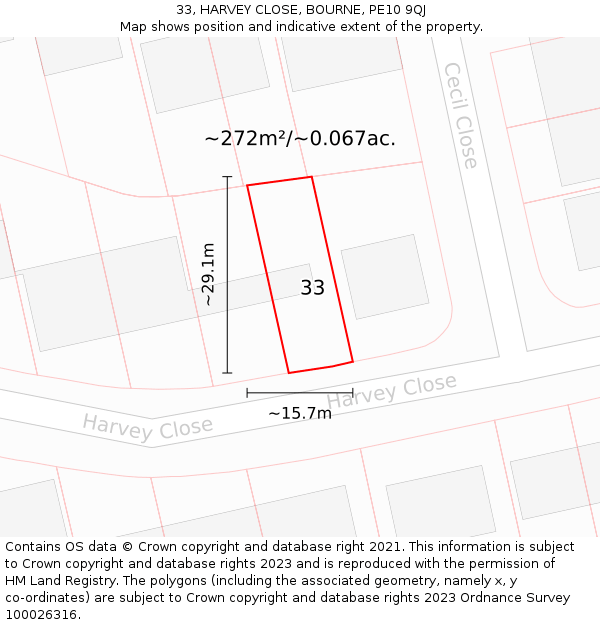 33, HARVEY CLOSE, BOURNE, PE10 9QJ: Plot and title map