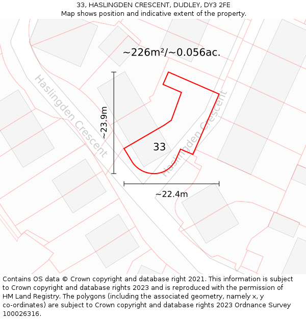 33, HASLINGDEN CRESCENT, DUDLEY, DY3 2FE: Plot and title map