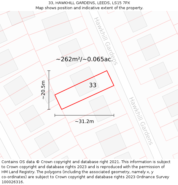 33, HAWKHILL GARDENS, LEEDS, LS15 7PX: Plot and title map