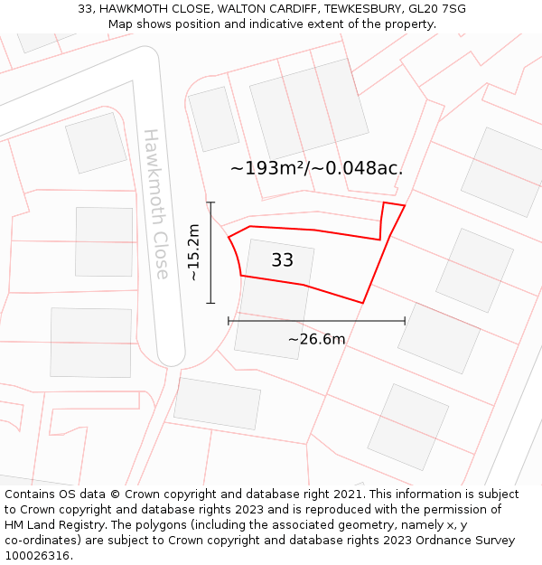 33, HAWKMOTH CLOSE, WALTON CARDIFF, TEWKESBURY, GL20 7SG: Plot and title map