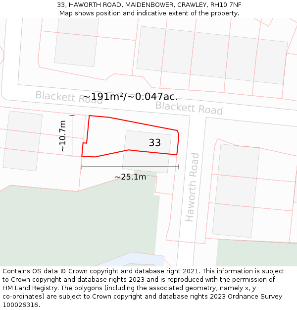 33, HAWORTH ROAD, MAIDENBOWER, CRAWLEY, RH10 7NF: Plot and title map