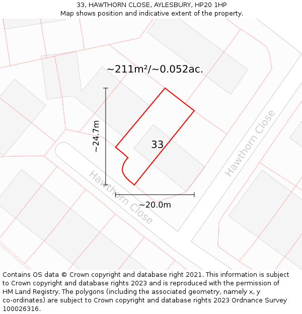 33, HAWTHORN CLOSE, AYLESBURY, HP20 1HP: Plot and title map