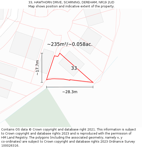 33, HAWTHORN DRIVE, SCARNING, DEREHAM, NR19 2UD: Plot and title map