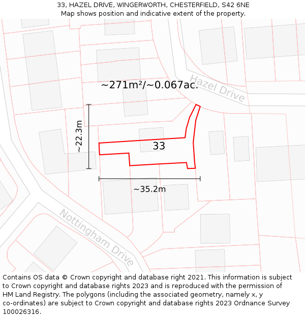 33, HAZEL DRIVE, WINGERWORTH, CHESTERFIELD, S42 6NE: Plot and title map