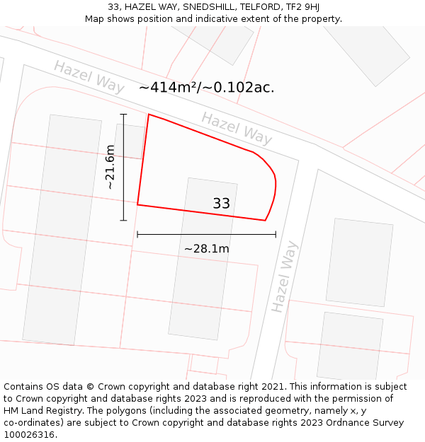 33, HAZEL WAY, SNEDSHILL, TELFORD, TF2 9HJ: Plot and title map
