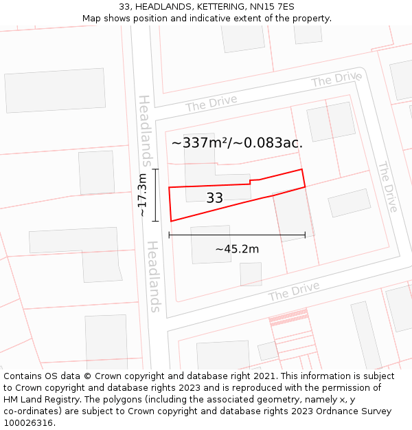 33, HEADLANDS, KETTERING, NN15 7ES: Plot and title map