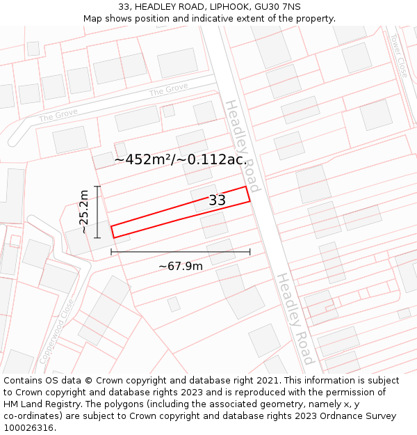 33, HEADLEY ROAD, LIPHOOK, GU30 7NS: Plot and title map