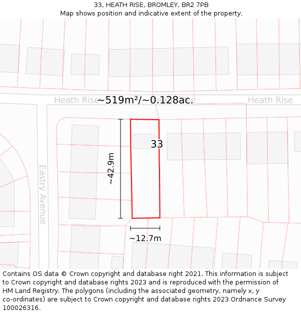 33, HEATH RISE, BROMLEY, BR2 7PB: Plot and title map