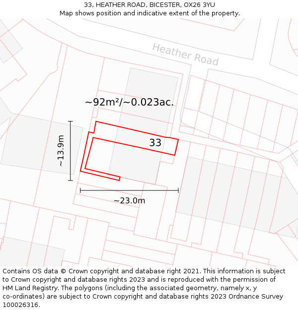 33, HEATHER ROAD, BICESTER, OX26 3YU: Plot and title map