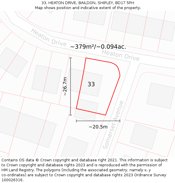 33, HEATON DRIVE, BAILDON, SHIPLEY, BD17 5PH: Plot and title map