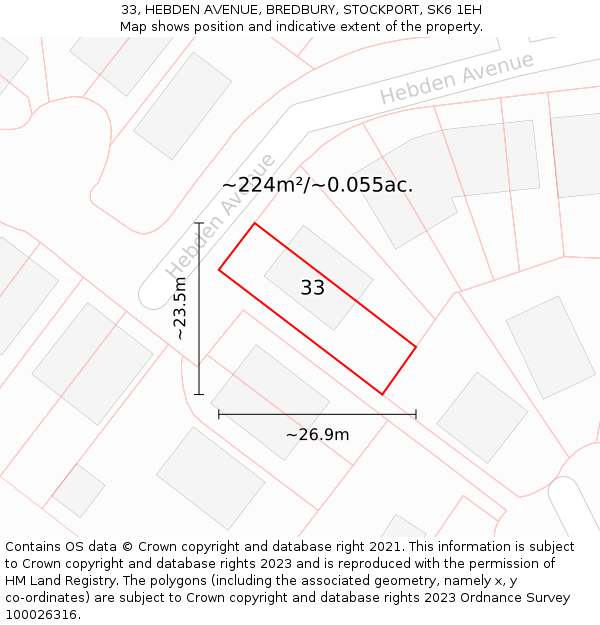 33, HEBDEN AVENUE, BREDBURY, STOCKPORT, SK6 1EH: Plot and title map