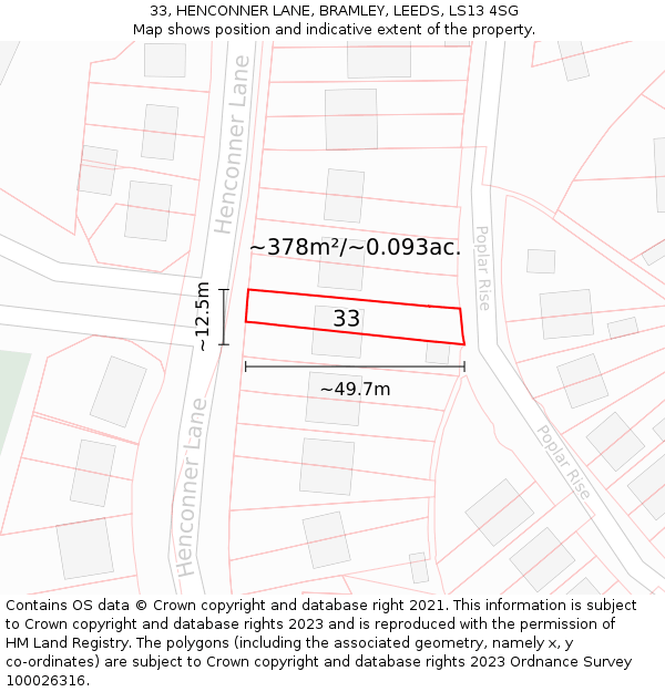 33, HENCONNER LANE, BRAMLEY, LEEDS, LS13 4SG: Plot and title map
