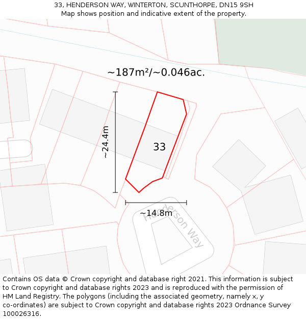 33, HENDERSON WAY, WINTERTON, SCUNTHORPE, DN15 9SH: Plot and title map