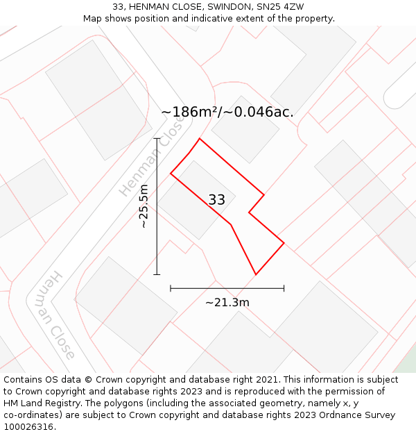 33, HENMAN CLOSE, SWINDON, SN25 4ZW: Plot and title map