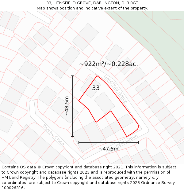 33, HENSFIELD GROVE, DARLINGTON, DL3 0GT: Plot and title map