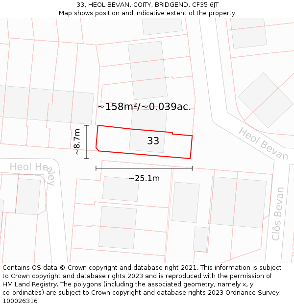 33, HEOL BEVAN, COITY, BRIDGEND, CF35 6JT: Plot and title map