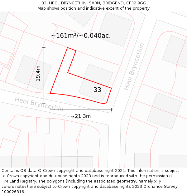 33, HEOL BRYNCETHIN, SARN, BRIDGEND, CF32 9GG: Plot and title map