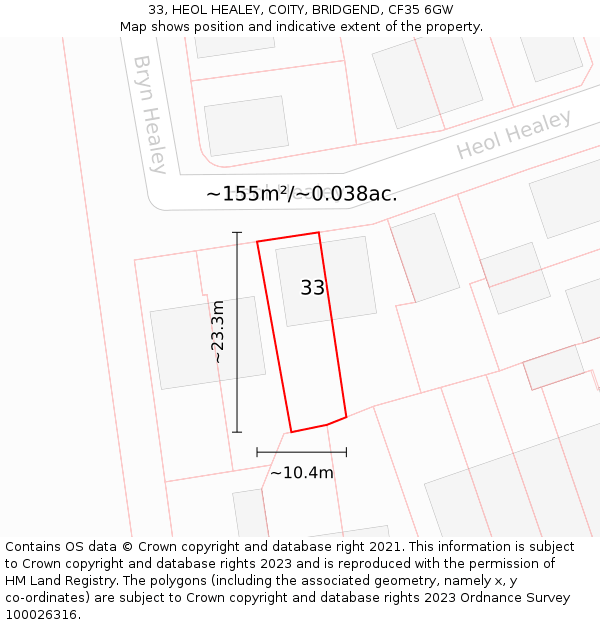33, HEOL HEALEY, COITY, BRIDGEND, CF35 6GW: Plot and title map
