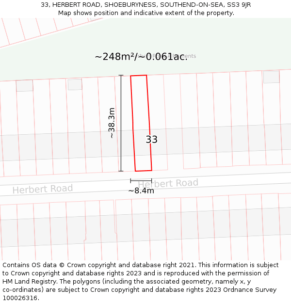 33, HERBERT ROAD, SHOEBURYNESS, SOUTHEND-ON-SEA, SS3 9JR: Plot and title map