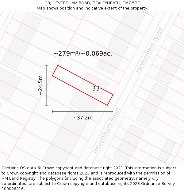 33, HEVERSHAM ROAD, BEXLEYHEATH, DA7 5BE: Plot and title map