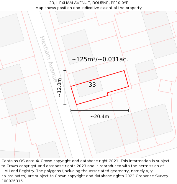 33, HEXHAM AVENUE, BOURNE, PE10 0YB: Plot and title map