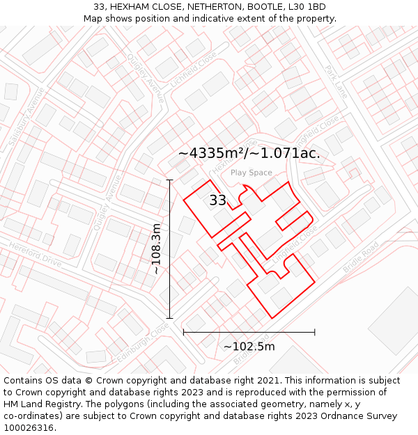 33, HEXHAM CLOSE, NETHERTON, BOOTLE, L30 1BD: Plot and title map