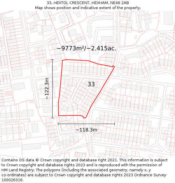 33, HEXTOL CRESCENT, HEXHAM, NE46 2AB: Plot and title map