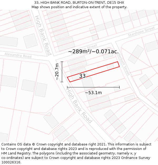 33, HIGH BANK ROAD, BURTON-ON-TRENT, DE15 0HX: Plot and title map