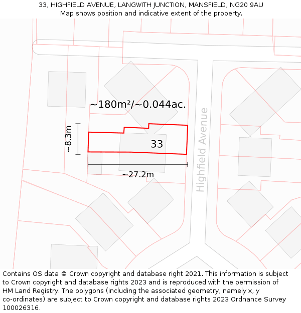 33, HIGHFIELD AVENUE, LANGWITH JUNCTION, MANSFIELD, NG20 9AU: Plot and title map