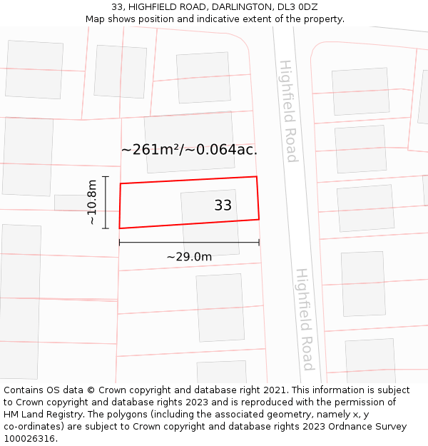 33, HIGHFIELD ROAD, DARLINGTON, DL3 0DZ: Plot and title map