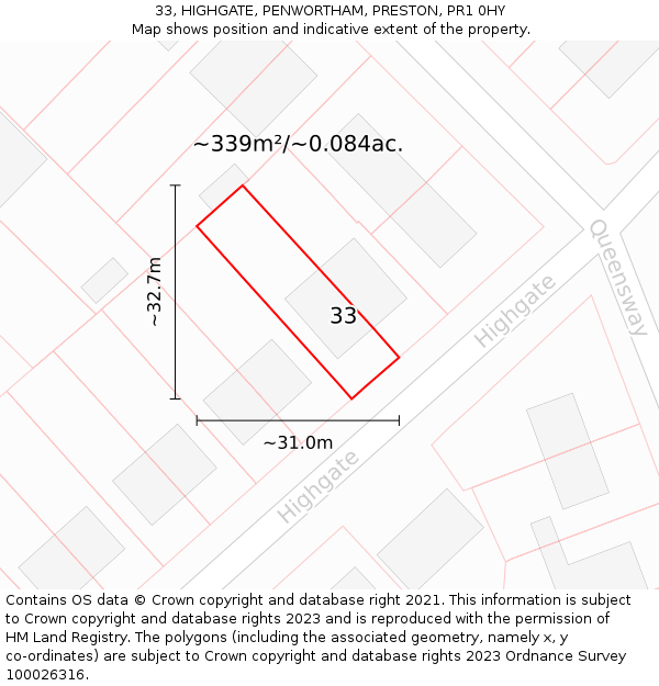 33, HIGHGATE, PENWORTHAM, PRESTON, PR1 0HY: Plot and title map