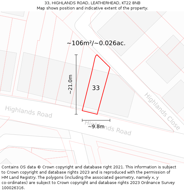 33, HIGHLANDS ROAD, LEATHERHEAD, KT22 8NB: Plot and title map