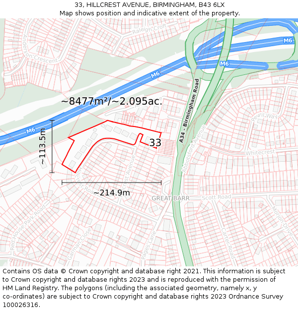 33, HILLCREST AVENUE, BIRMINGHAM, B43 6LX: Plot and title map