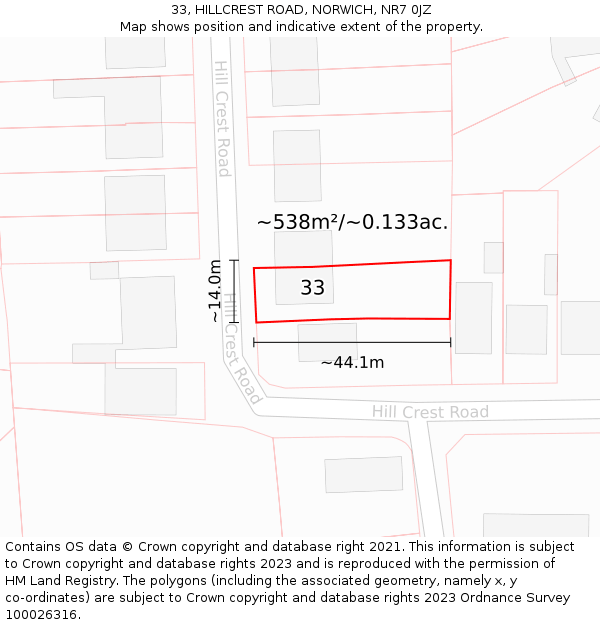 33, HILLCREST ROAD, NORWICH, NR7 0JZ: Plot and title map
