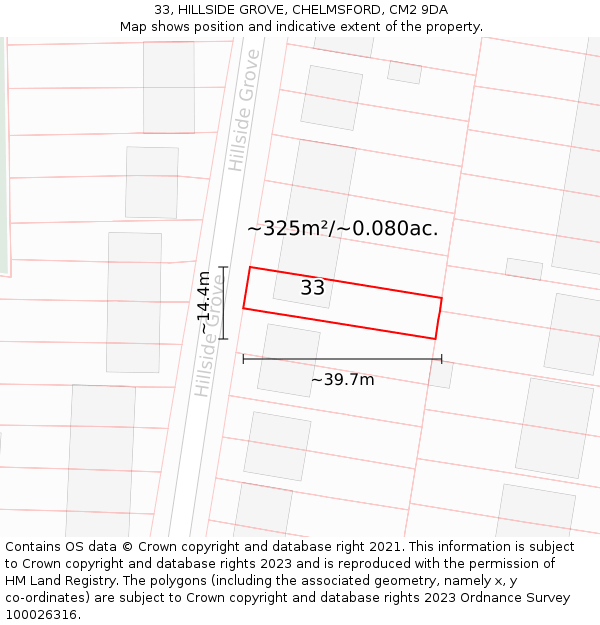 33, HILLSIDE GROVE, CHELMSFORD, CM2 9DA: Plot and title map