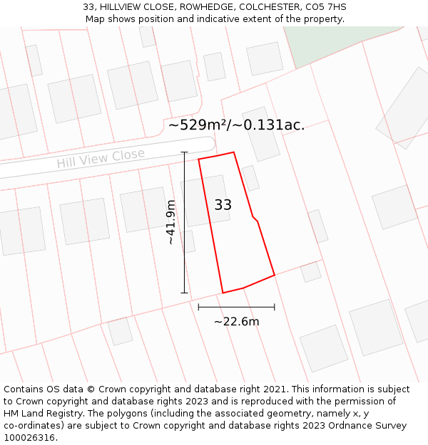 33, HILLVIEW CLOSE, ROWHEDGE, COLCHESTER, CO5 7HS: Plot and title map