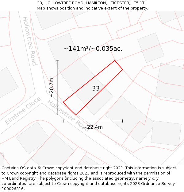 33, HOLLOWTREE ROAD, HAMILTON, LEICESTER, LE5 1TH: Plot and title map