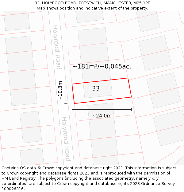 33, HOLYROOD ROAD, PRESTWICH, MANCHESTER, M25 1PE: Plot and title map
