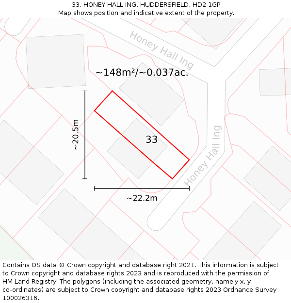 33, HONEY HALL ING, HUDDERSFIELD, HD2 1GP: Plot and title map