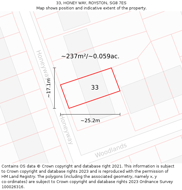 33, HONEY WAY, ROYSTON, SG8 7ES: Plot and title map
