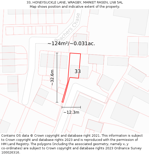33, HONEYSUCKLE LANE, WRAGBY, MARKET RASEN, LN8 5AL: Plot and title map