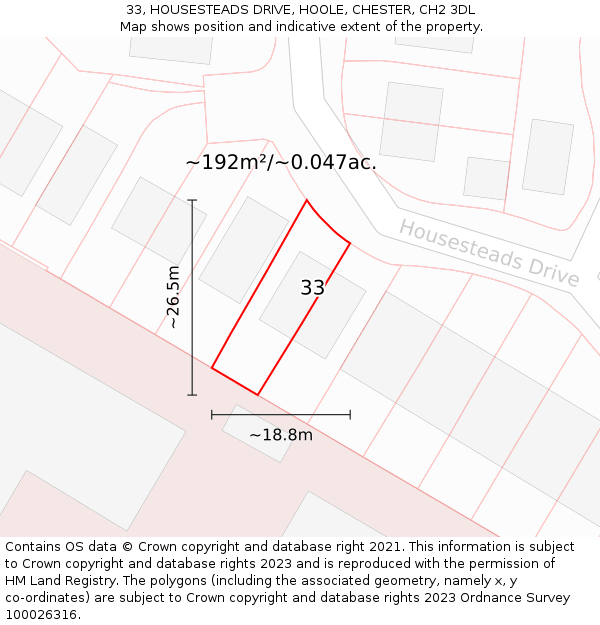 33, HOUSESTEADS DRIVE, HOOLE, CHESTER, CH2 3DL: Plot and title map