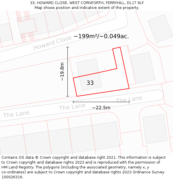 33, HOWARD CLOSE, WEST CORNFORTH, FERRYHILL, DL17 9LF: Plot and title map