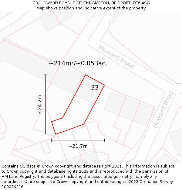 33, HOWARD ROAD, BOTHENHAMPTON, BRIDPORT, DT6 4SG: Plot and title map